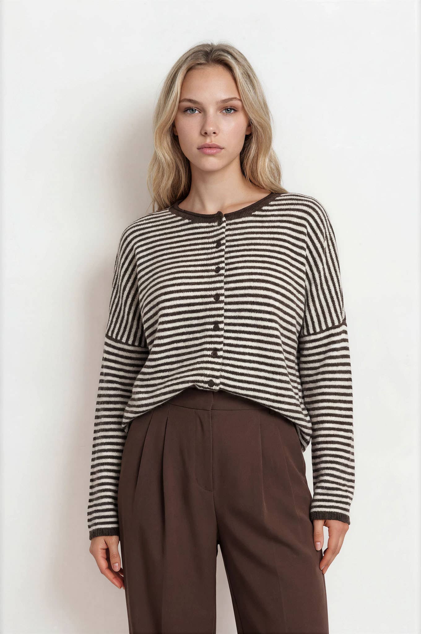 STRIPE RAW EDGE DROP SHOULDER KNIT CARDIGAN
