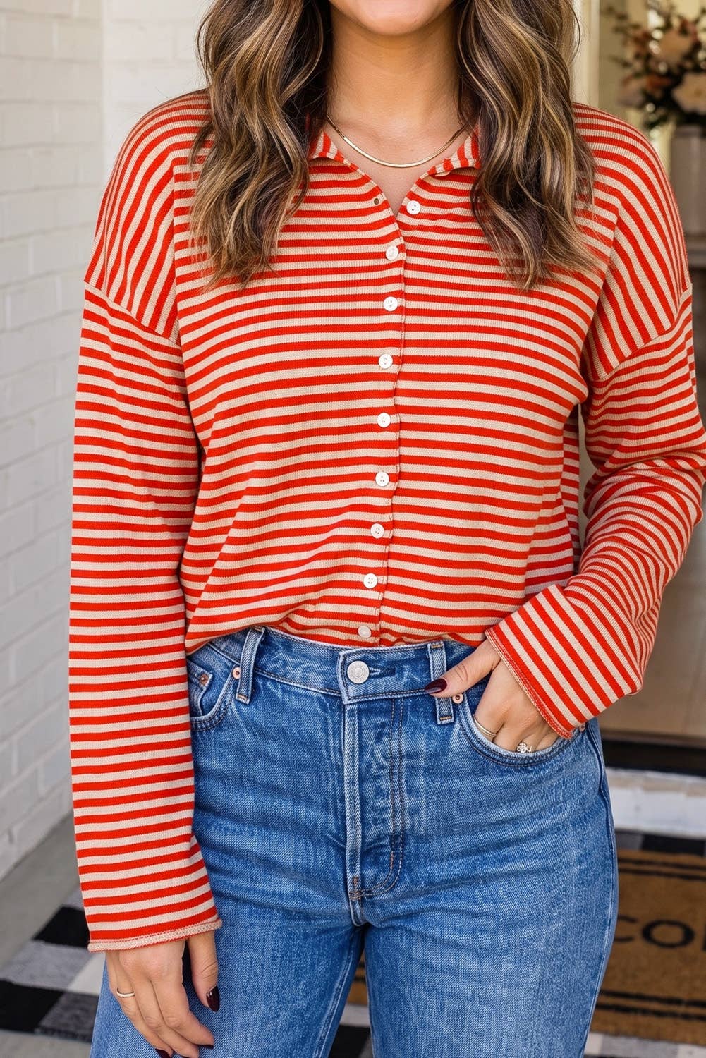LAS Striped Button Up Collar Knit Cardigan (S-XL)