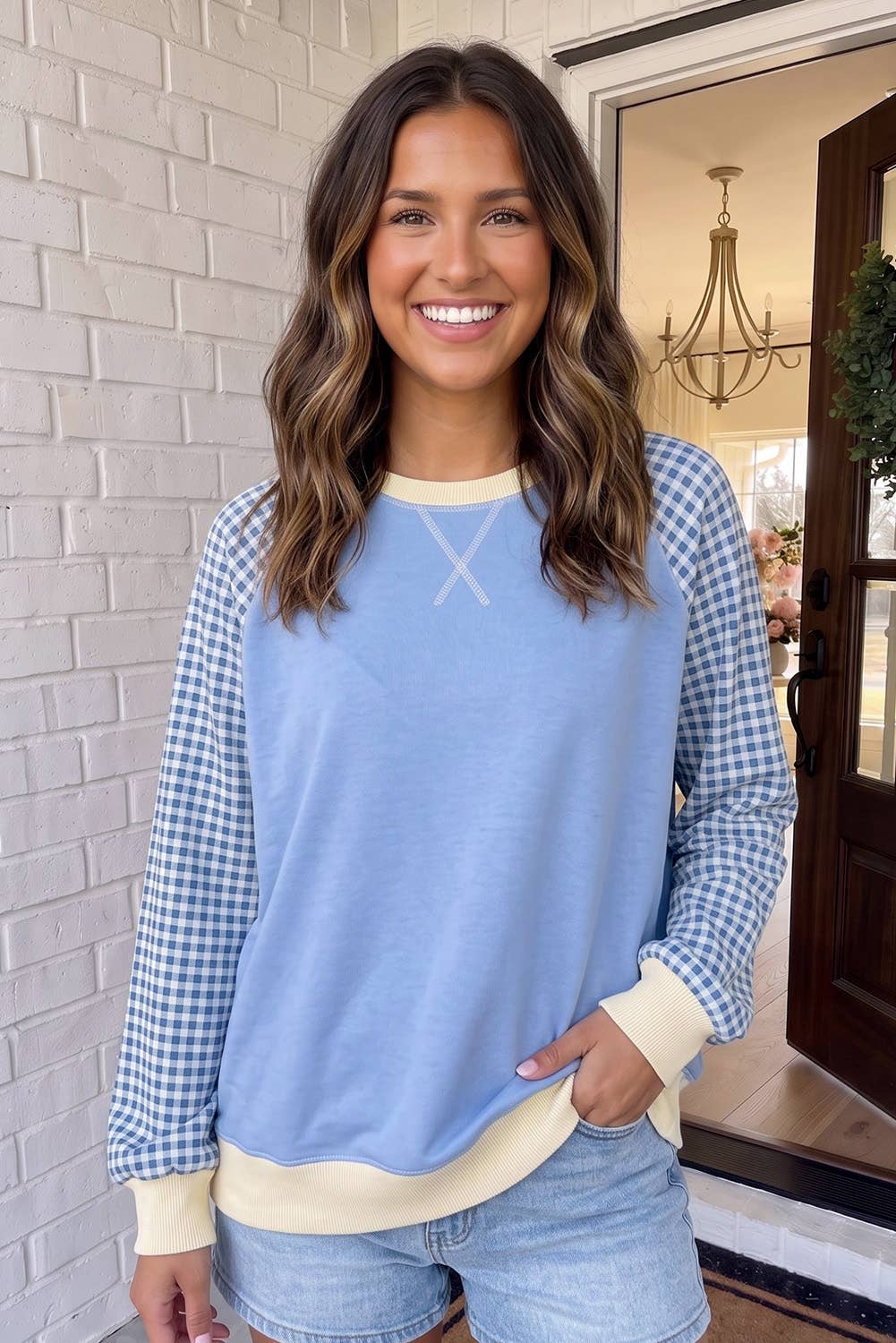 LAS Plaid Colorblock Raglan Casual Shift Sweatshirt (S-XL)
