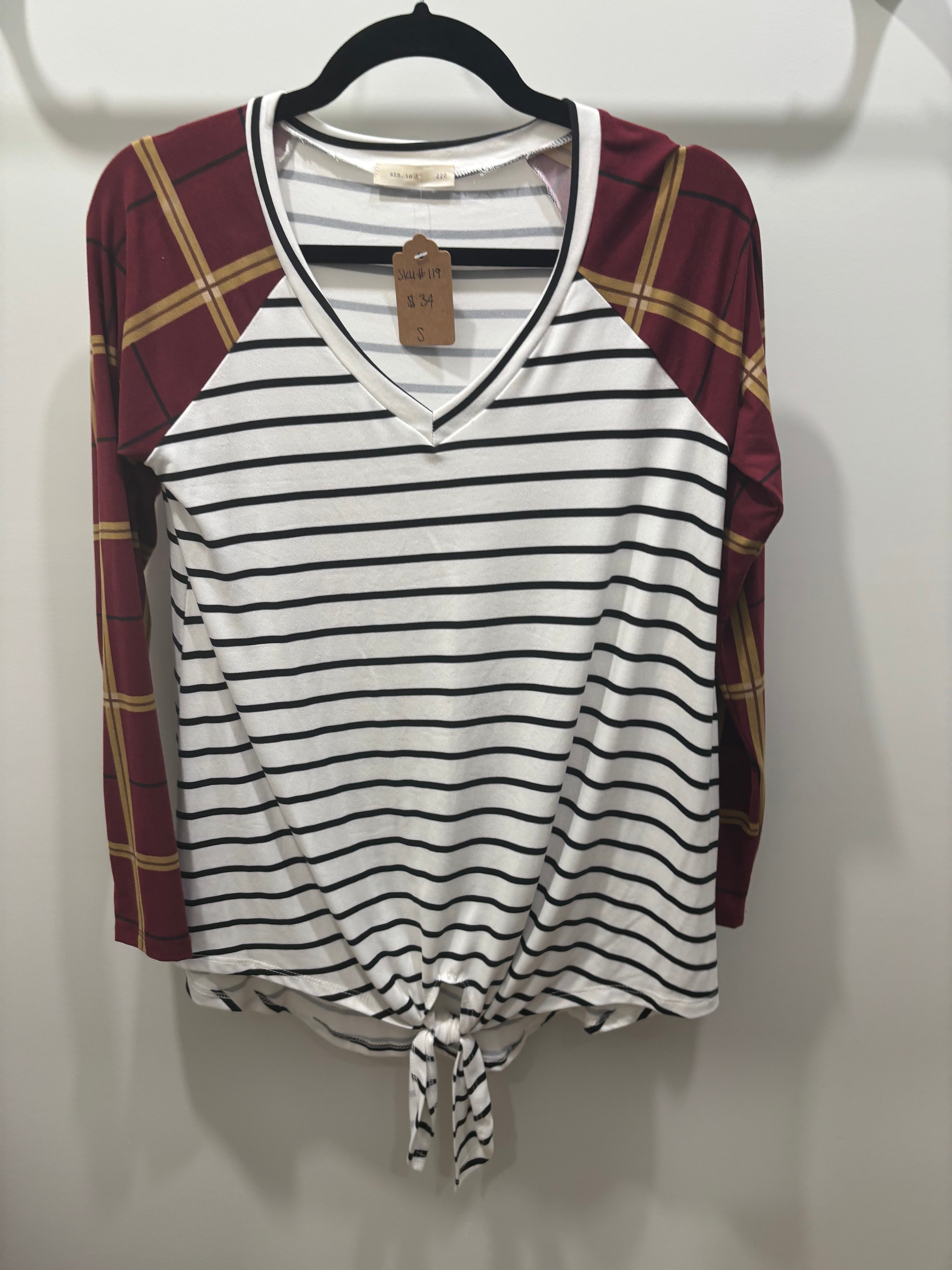 Stripped V-Neck Top with Plaid Sleeves