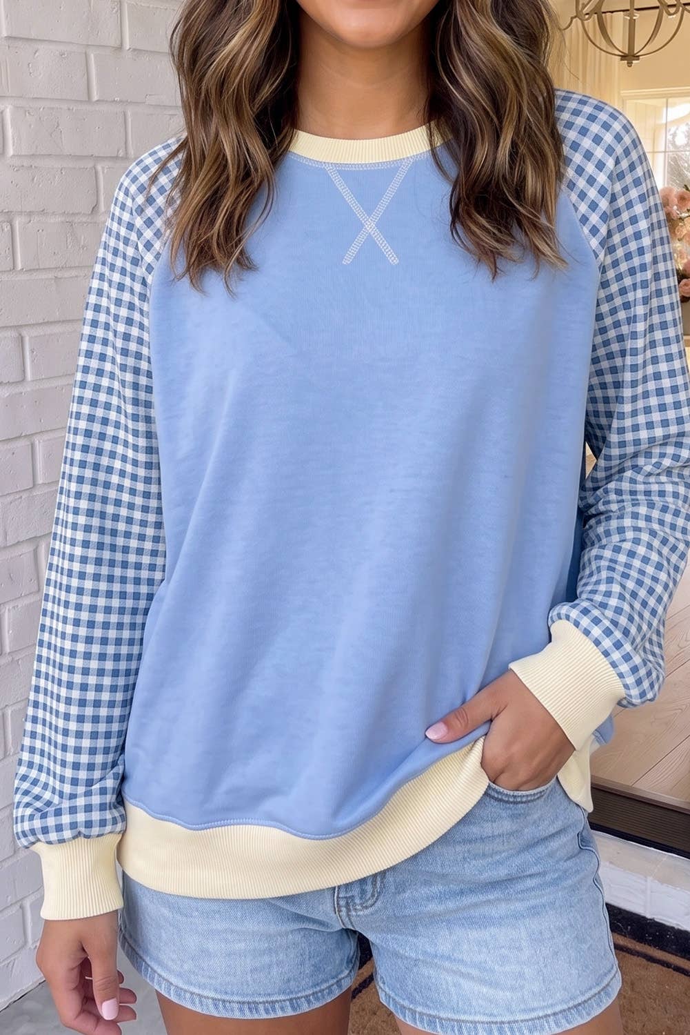 LAS Plaid Colorblock Raglan Casual Shift Sweatshirt (S-XL)