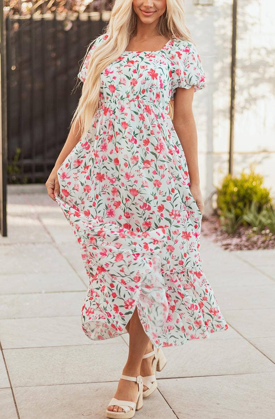 Floral Puff Sleeve Square Neck Empire Waist Tiered Maxi Dres