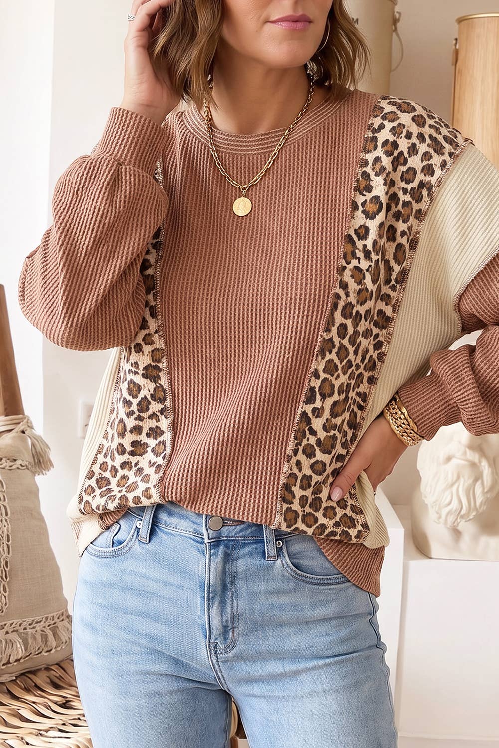 66 Leopard Print Colorblock Ribbed Knit Blouse (S-XL)