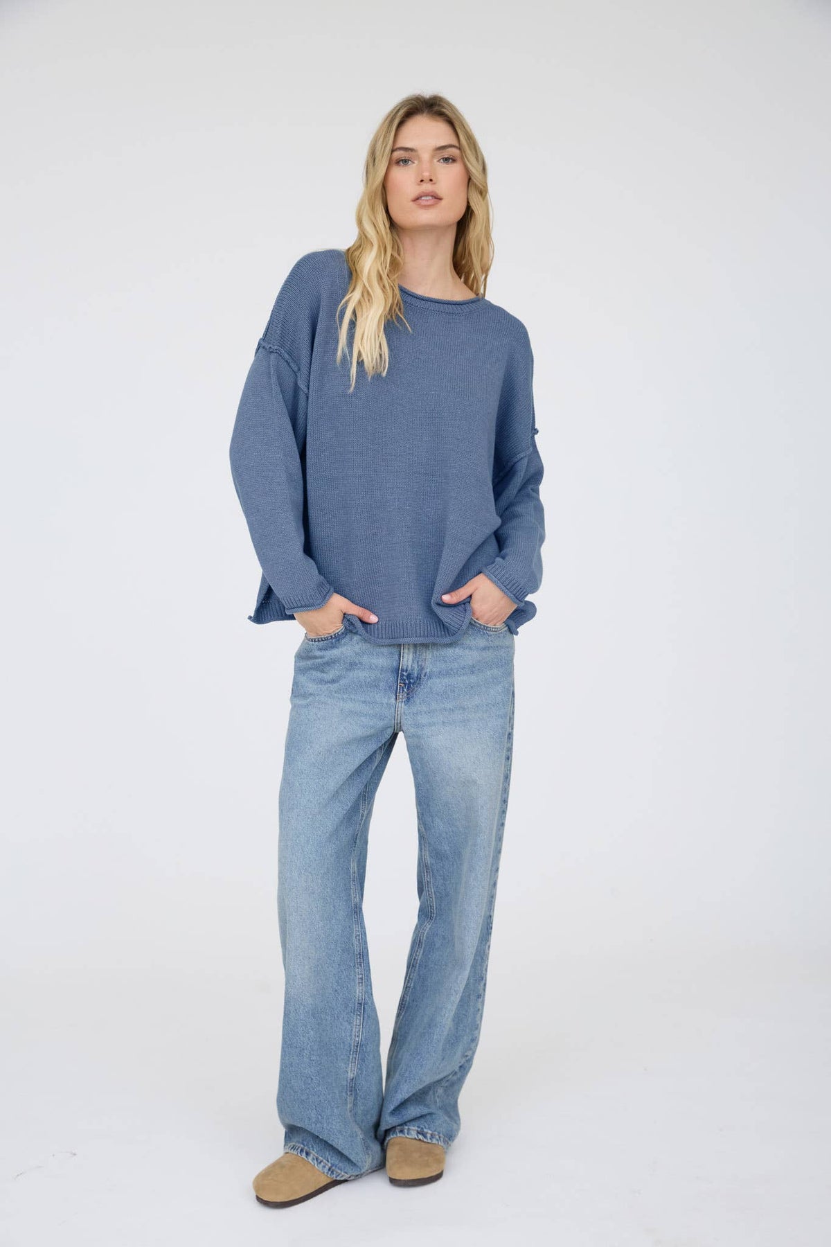 RAW EDGE EXTENDED SHOULDER LONG SLEEVE SWEATER