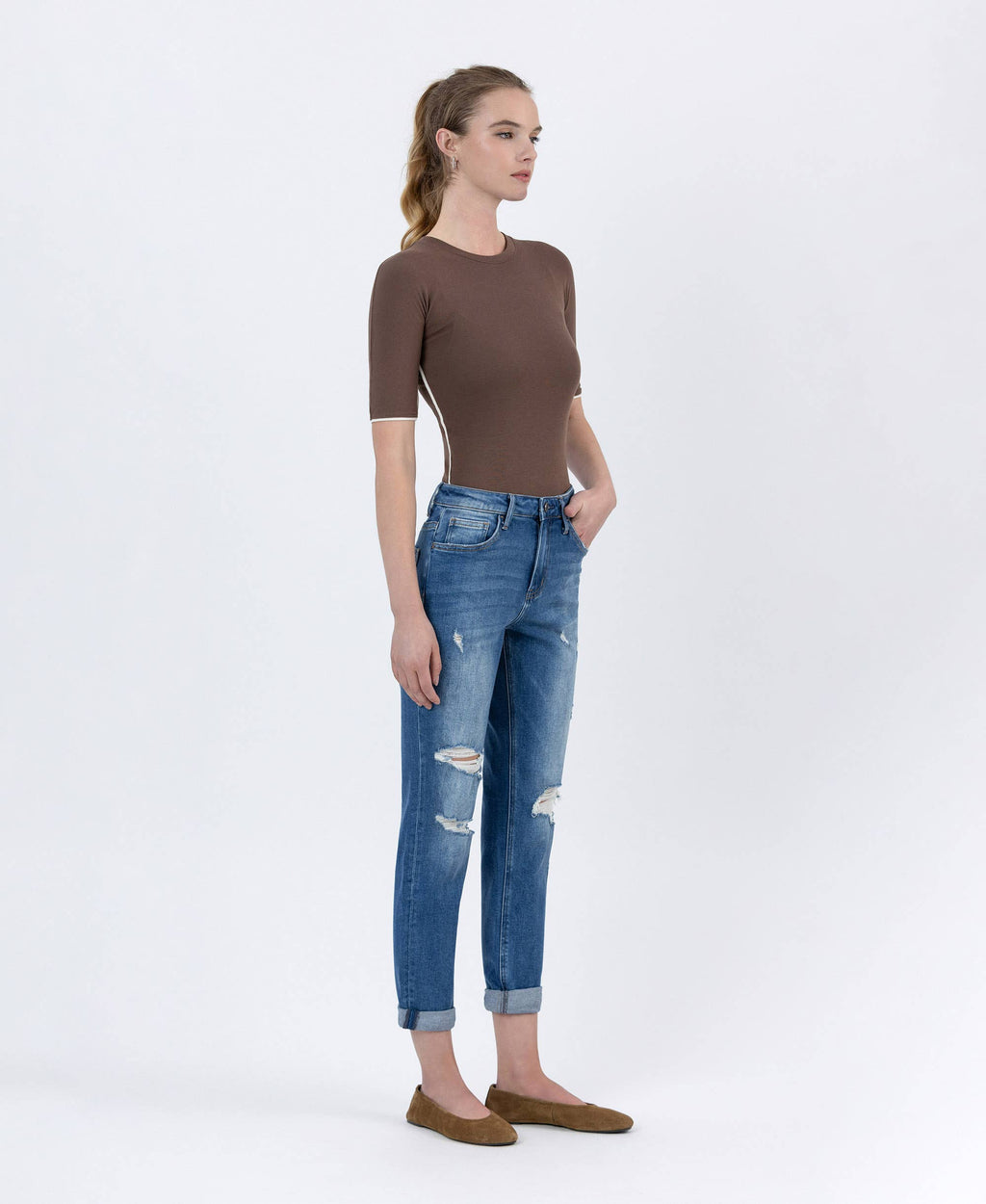 High Rise Distressed Cuffed Boyfriend Jean