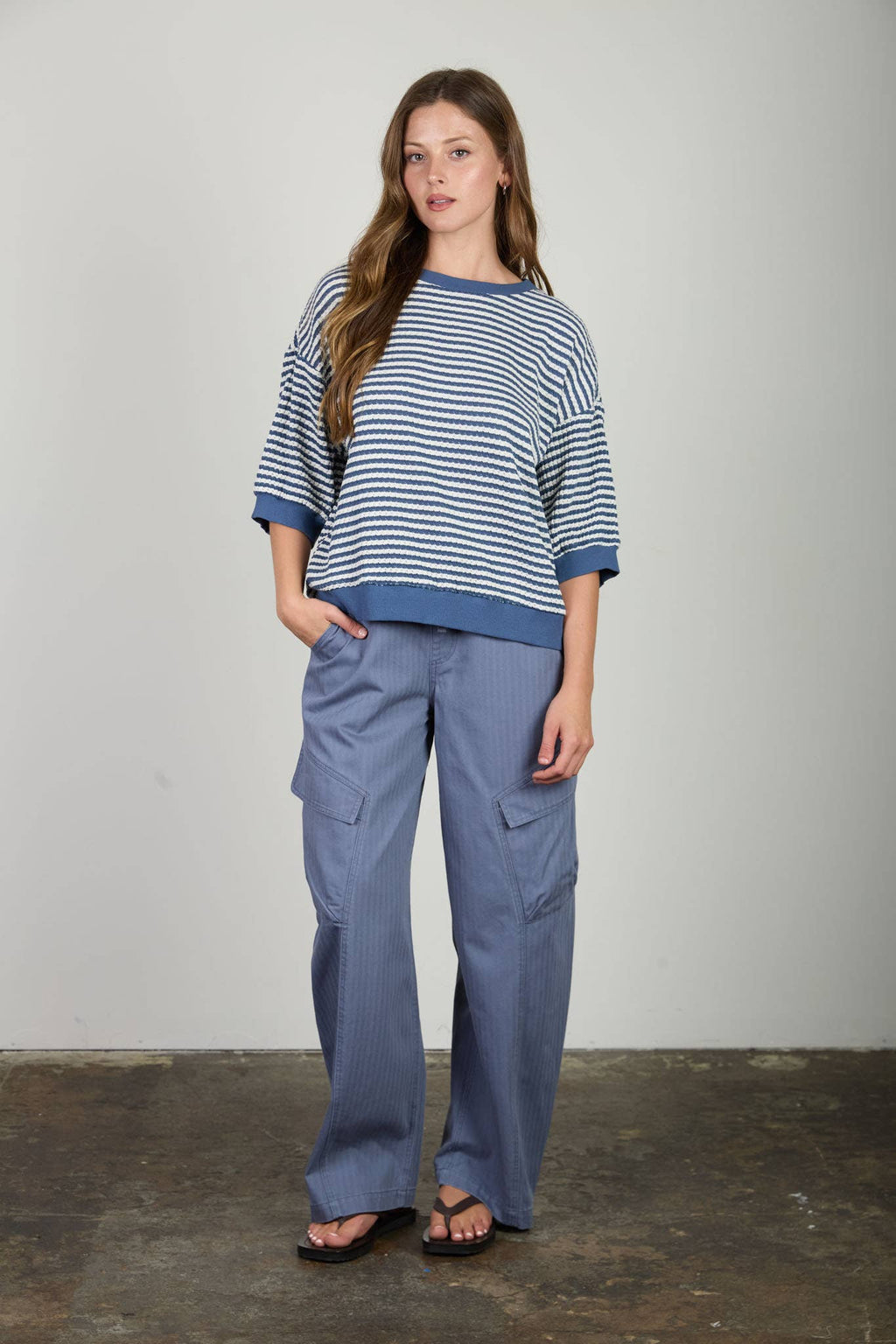 TEXTURED STRIPE DROP SHOULDER KNIT TOP