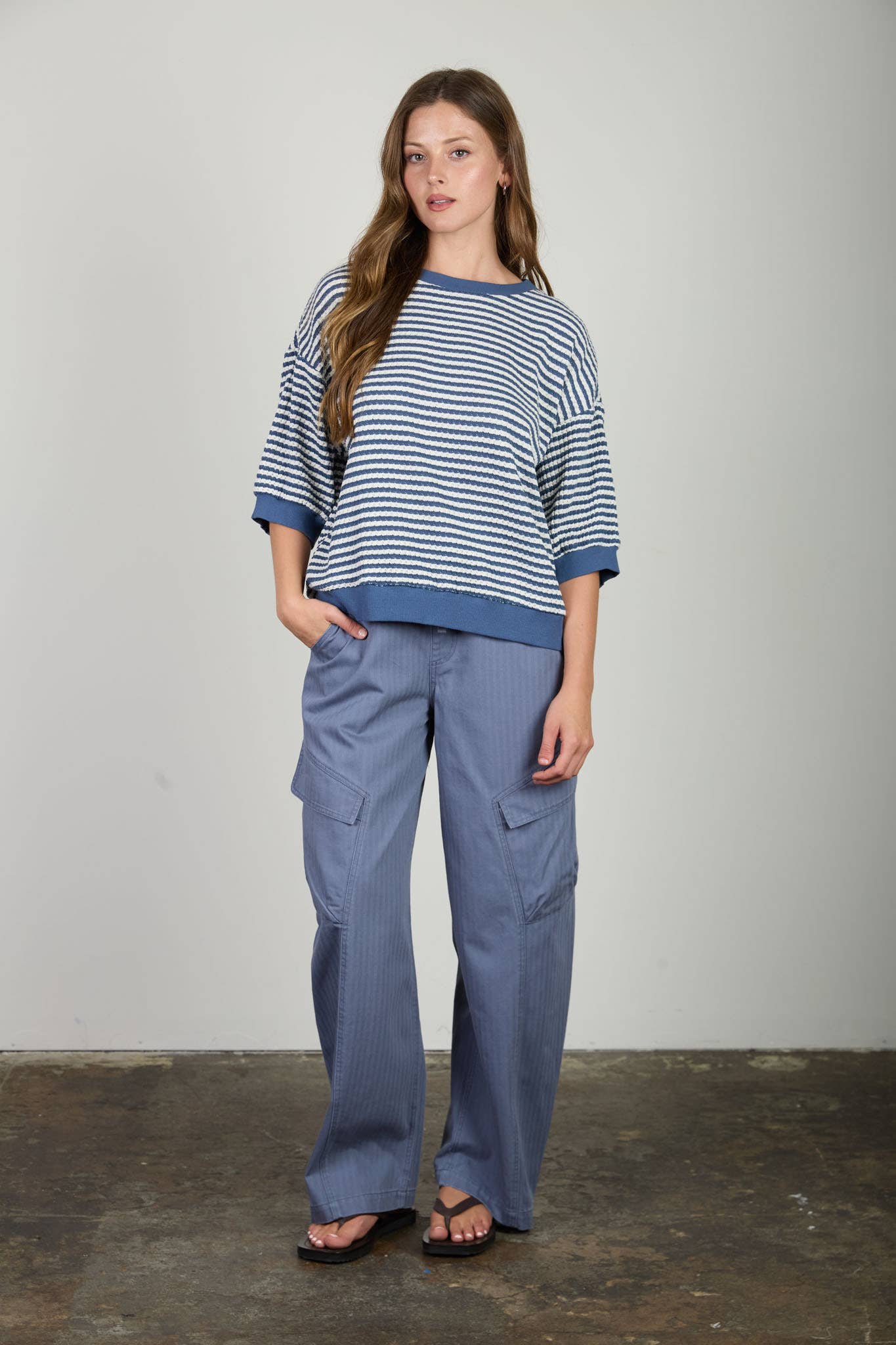 TEXTURED STRIPE DROP SHOULDER KNIT TOP