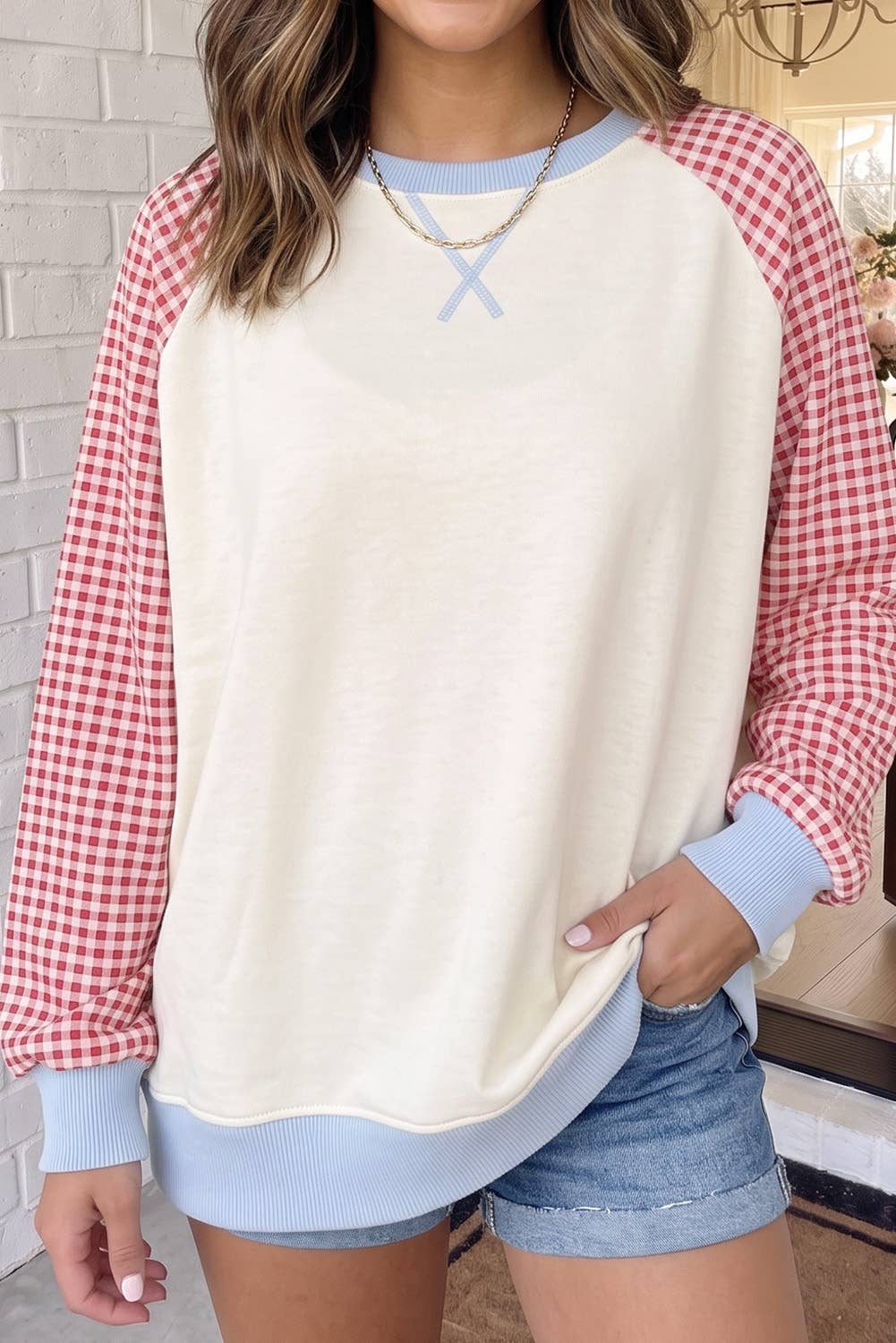 LAS Plaid Colorblock Raglan Casual Shift Sweatshirt (S-XL)
