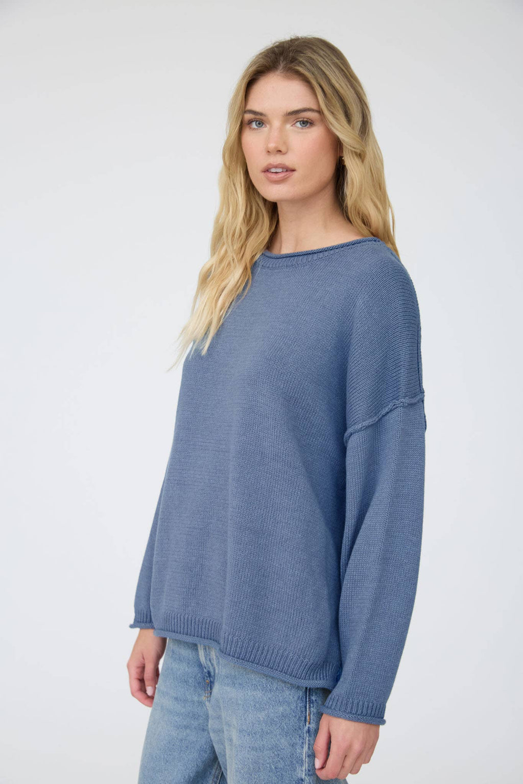 RAW EDGE EXTENDED SHOULDER LONG SLEEVE SWEATER