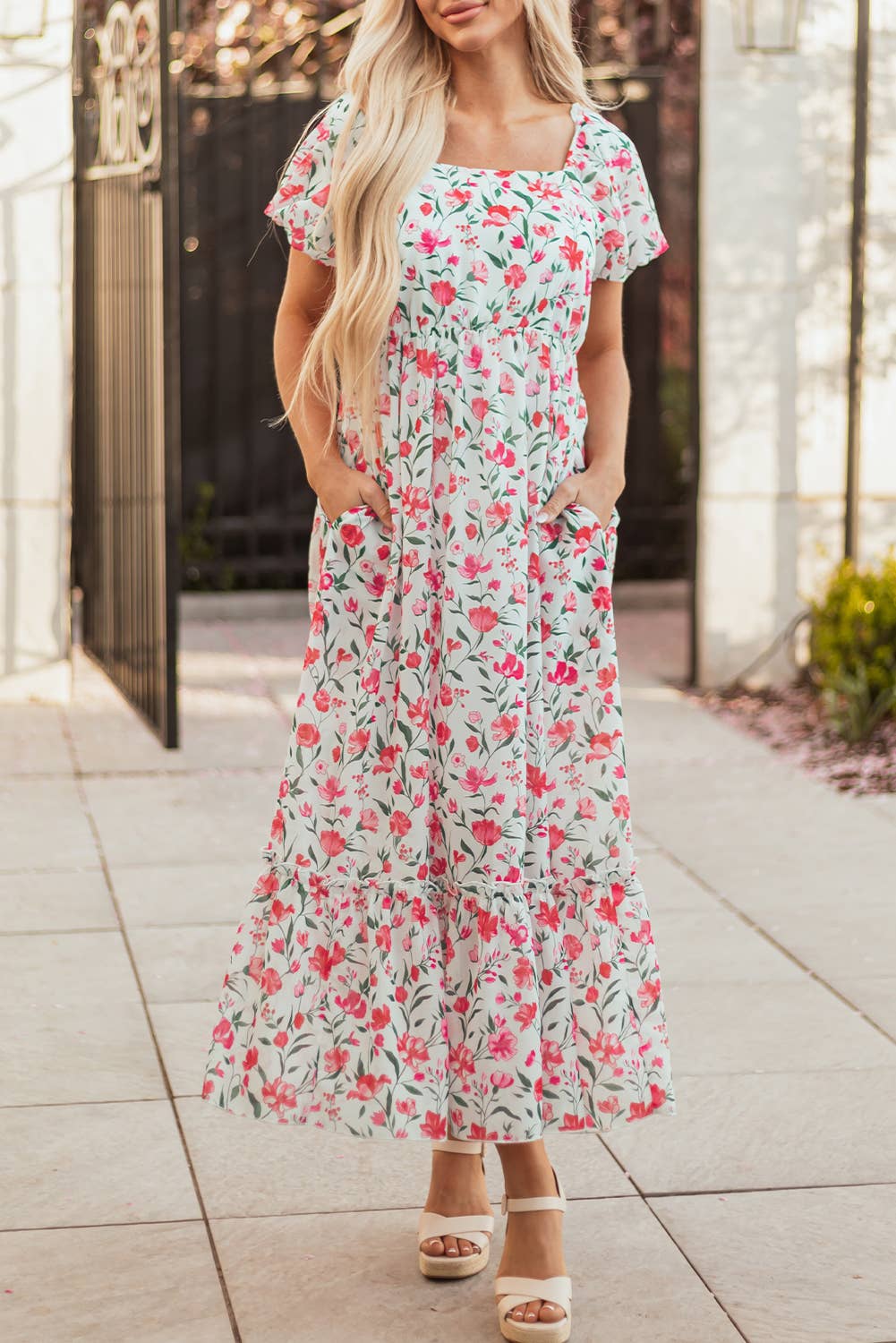 Floral Puff Sleeve Square Neck Empire Waist Tiered Maxi Dres