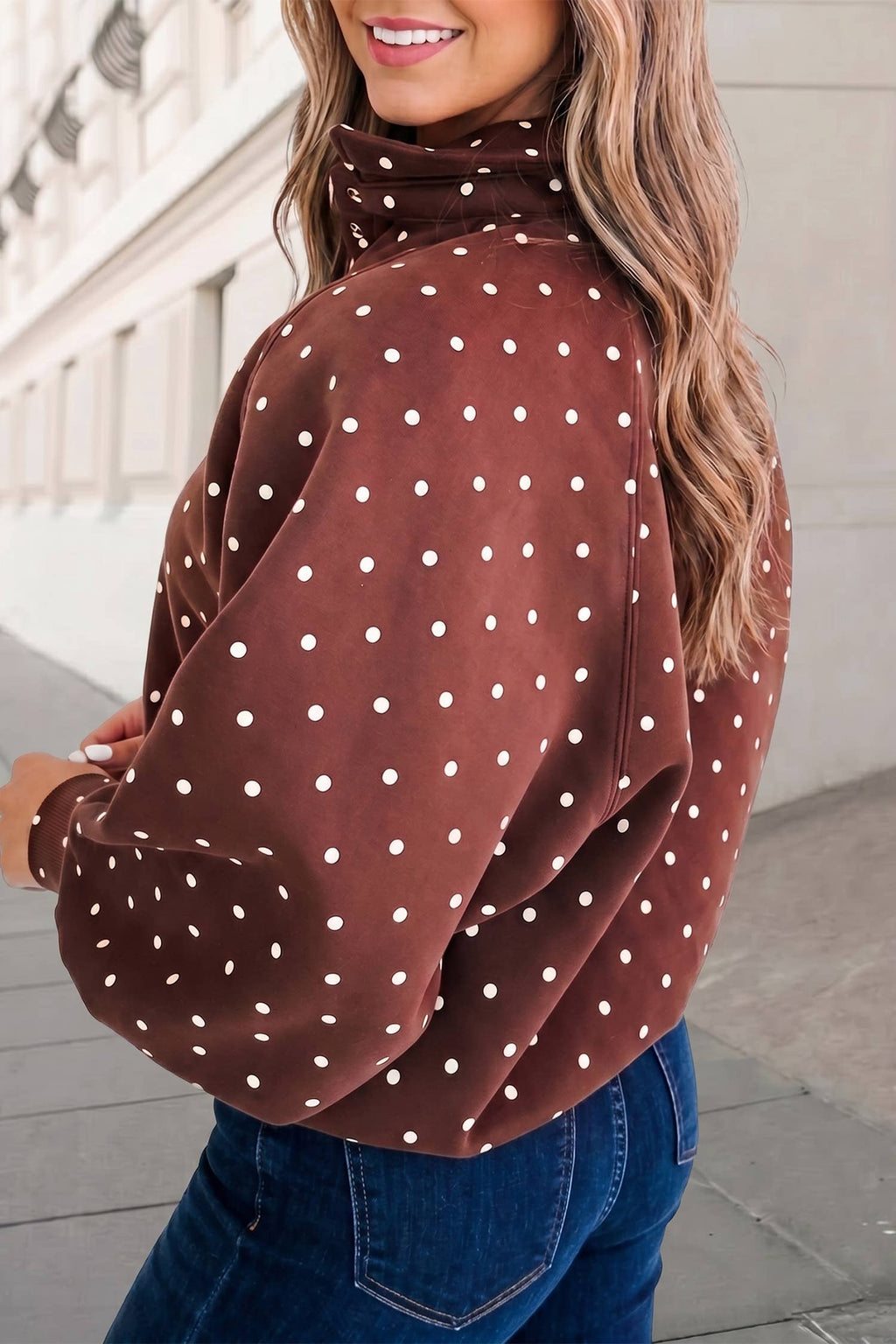 Polka Dot Print Button Collar Mockneck Sweatshirt | S-XL
