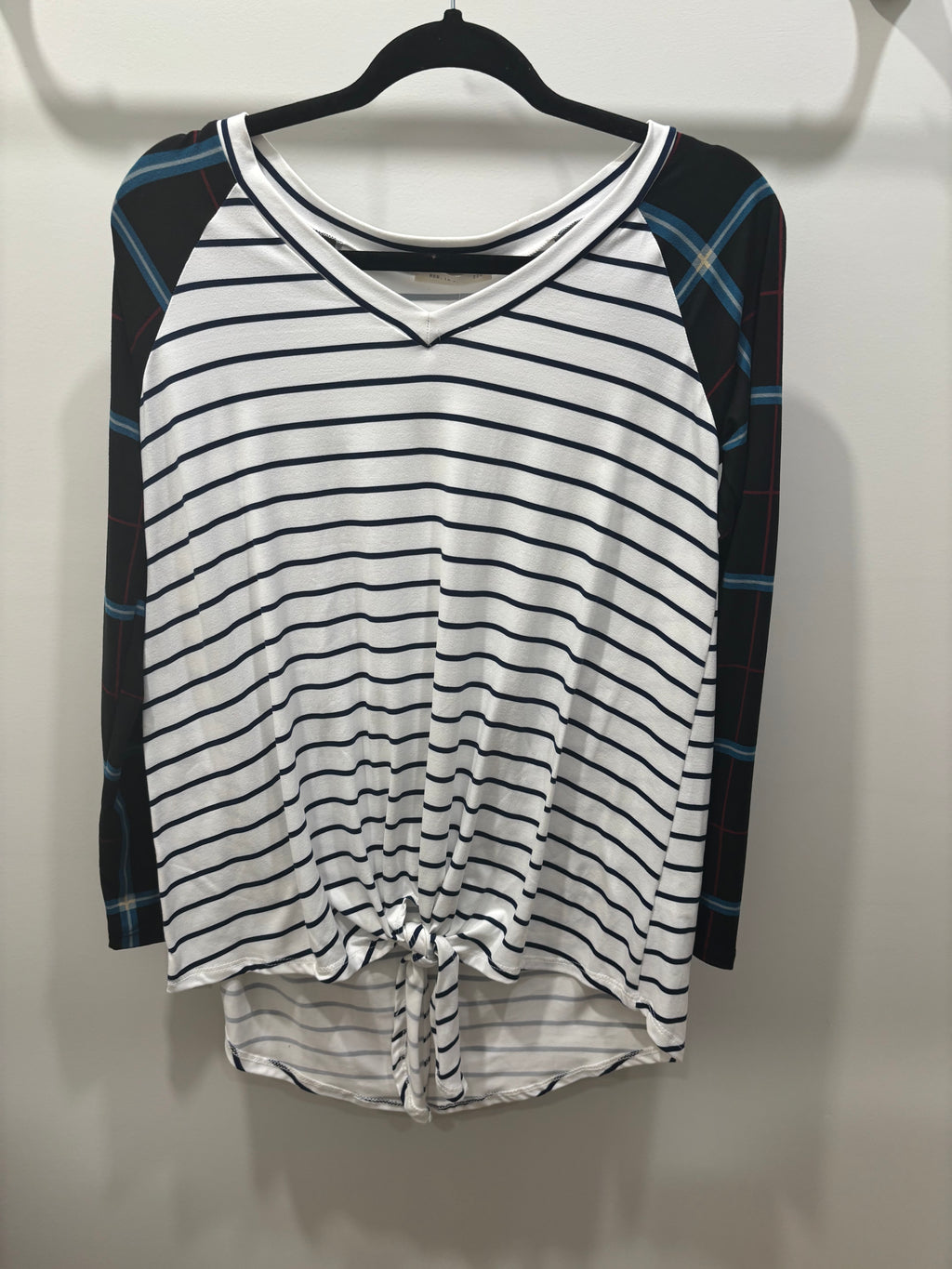 Stripped V-Neck Top with Plaid Sleeves