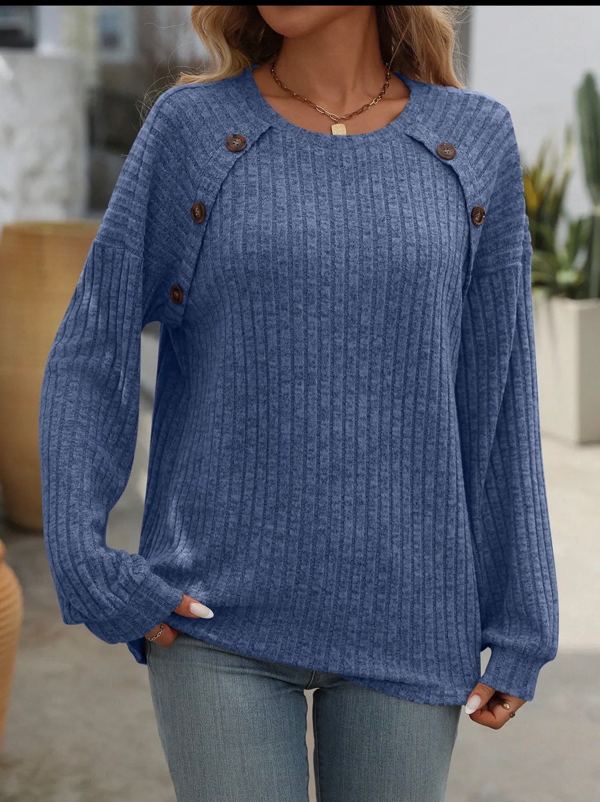 Blue Ribbed Top With Button Detail
