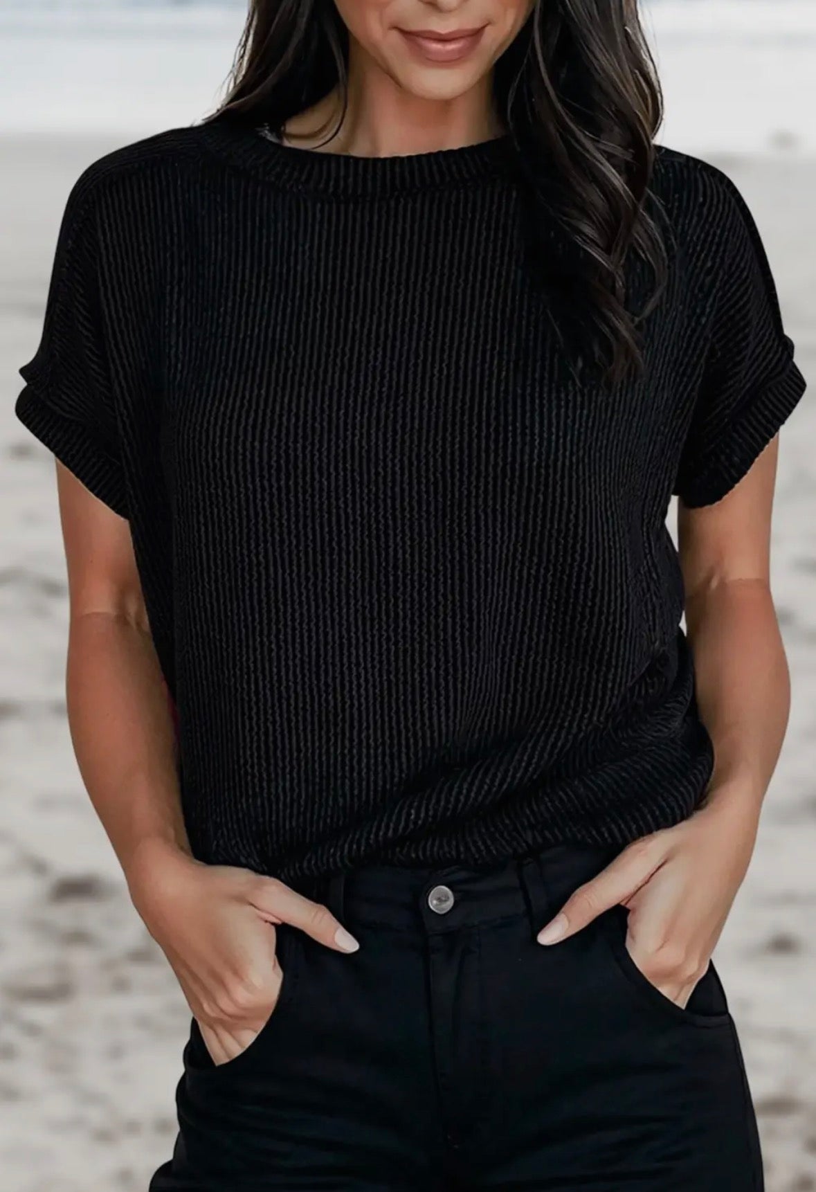 Black Ribbed Exposed Seam T-Shirt