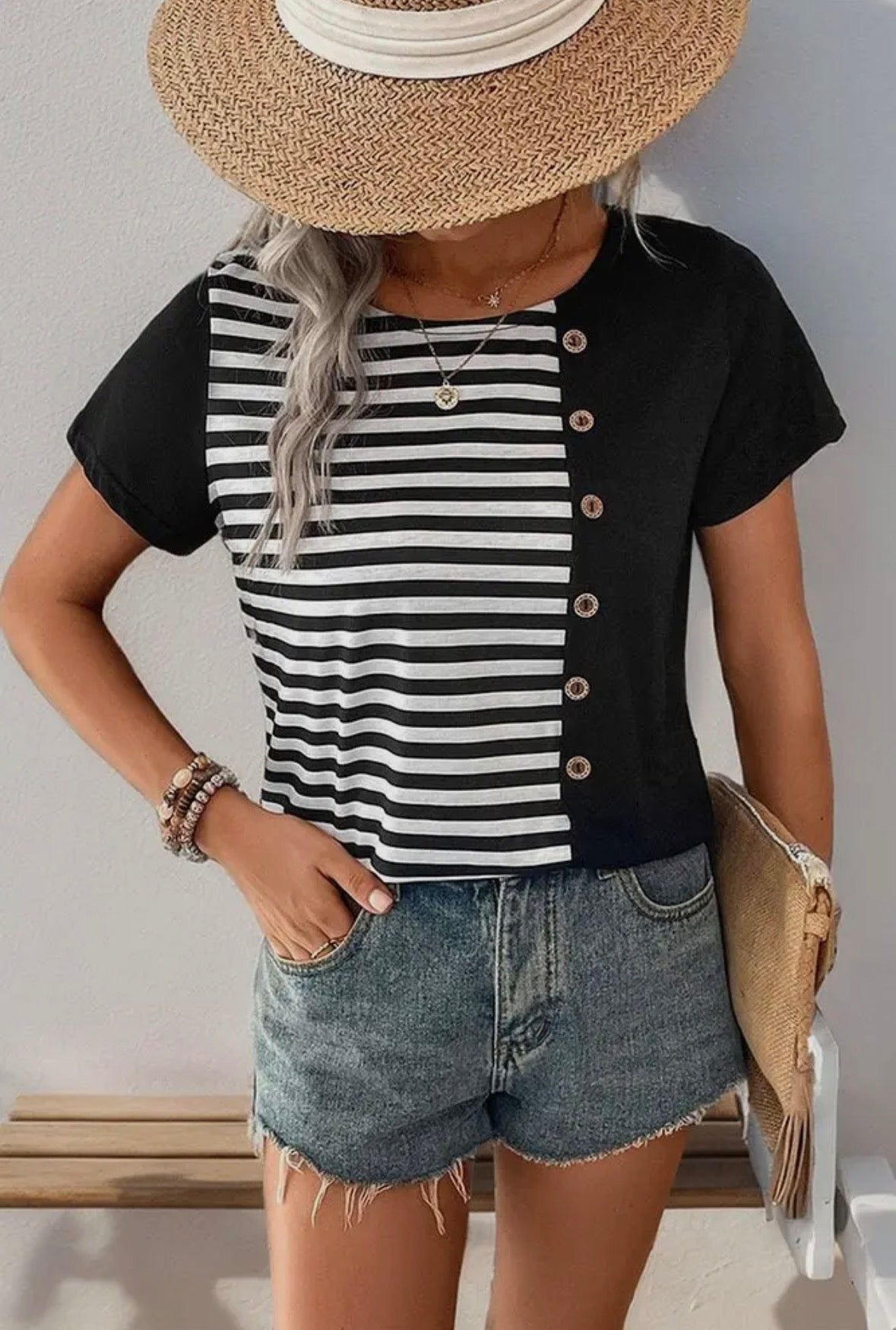 Stripped Short Sleeve Top with Button Details
