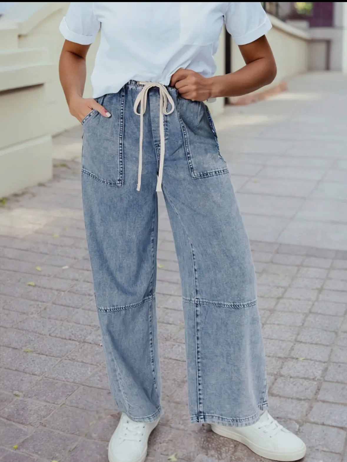 Acid Wash Exposed Seam Drawstring High Waist Jeans