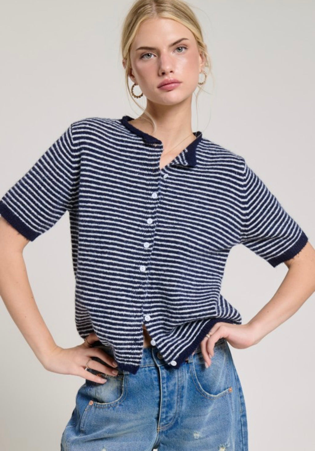 Striped Short Sleeve Button Down Cardigan
