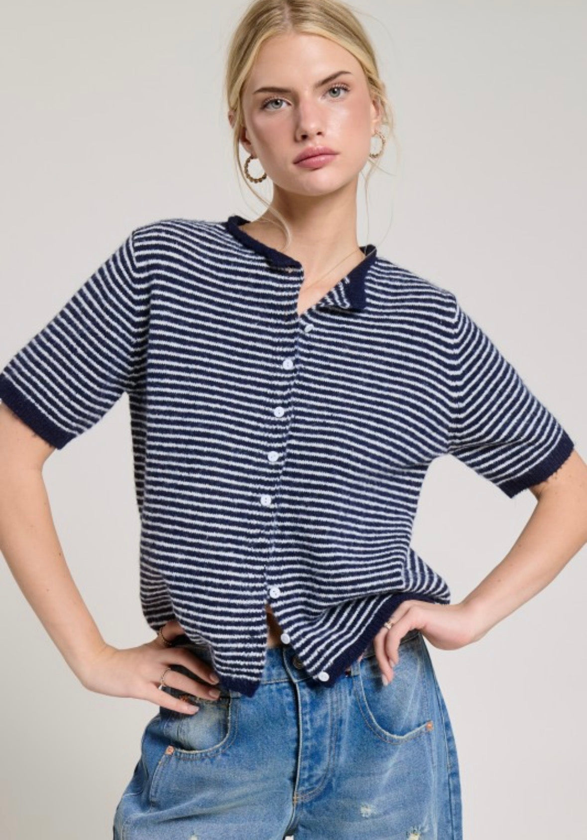 Striped Short Sleeve Button Down Cardigan