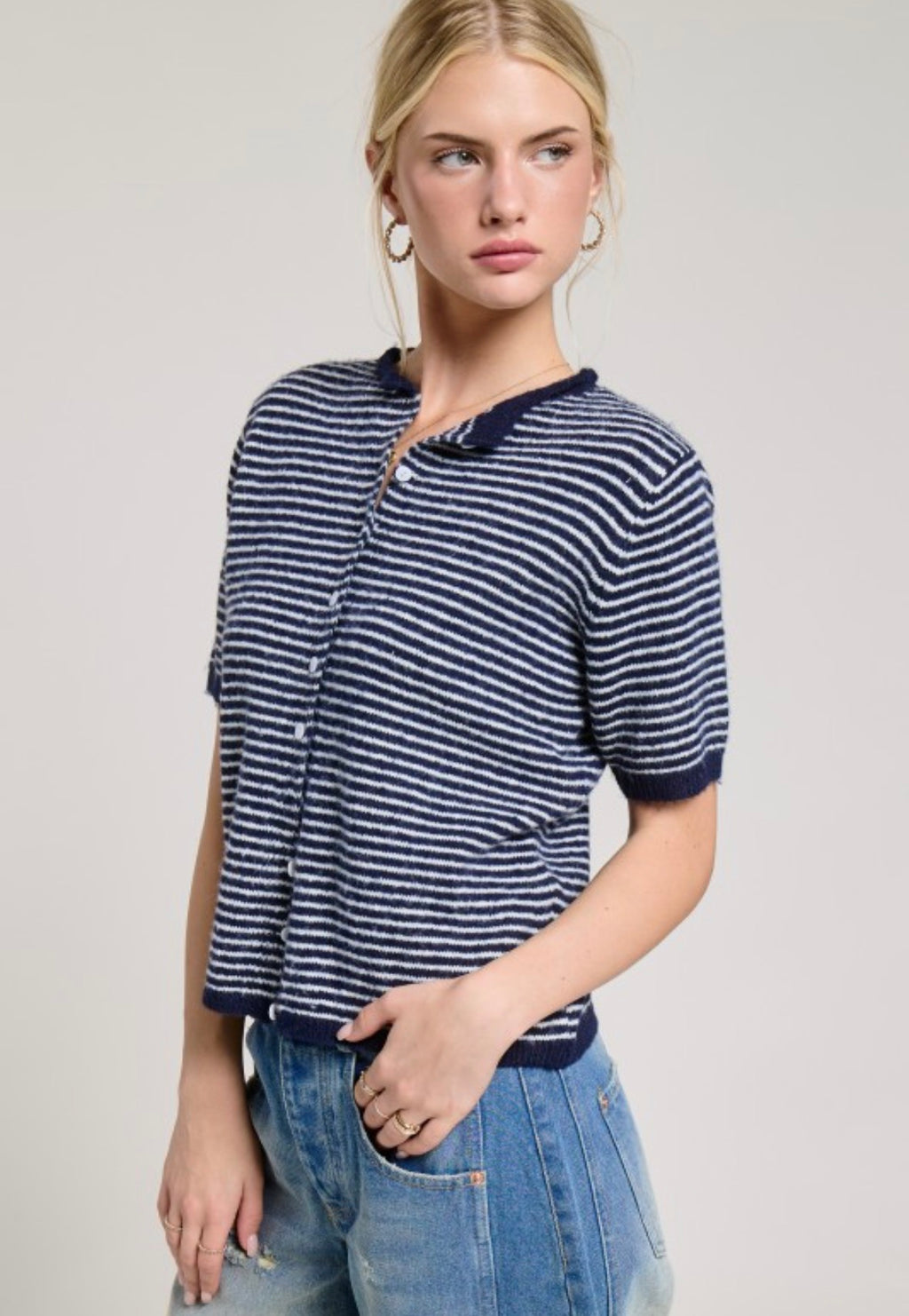 Striped Short Sleeve Button Down Cardigan