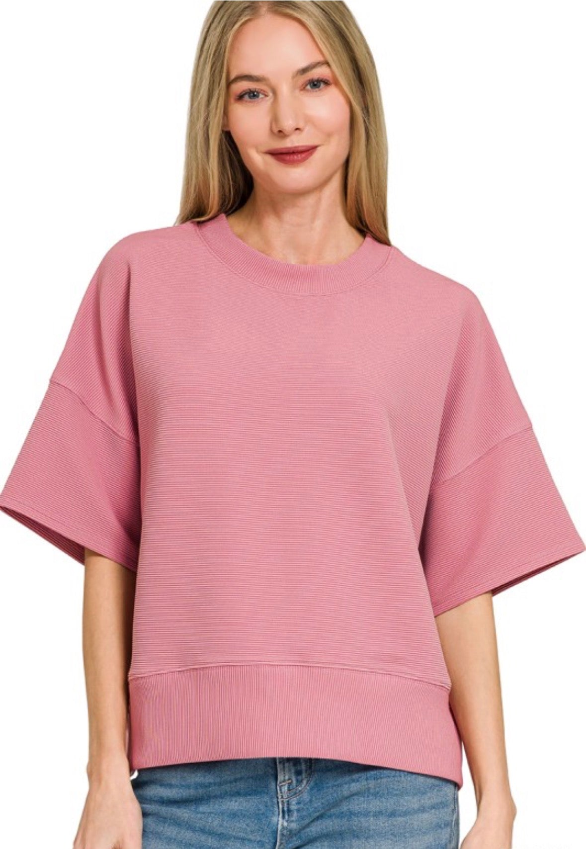 Ribbed Round Neck Light Pink Top
