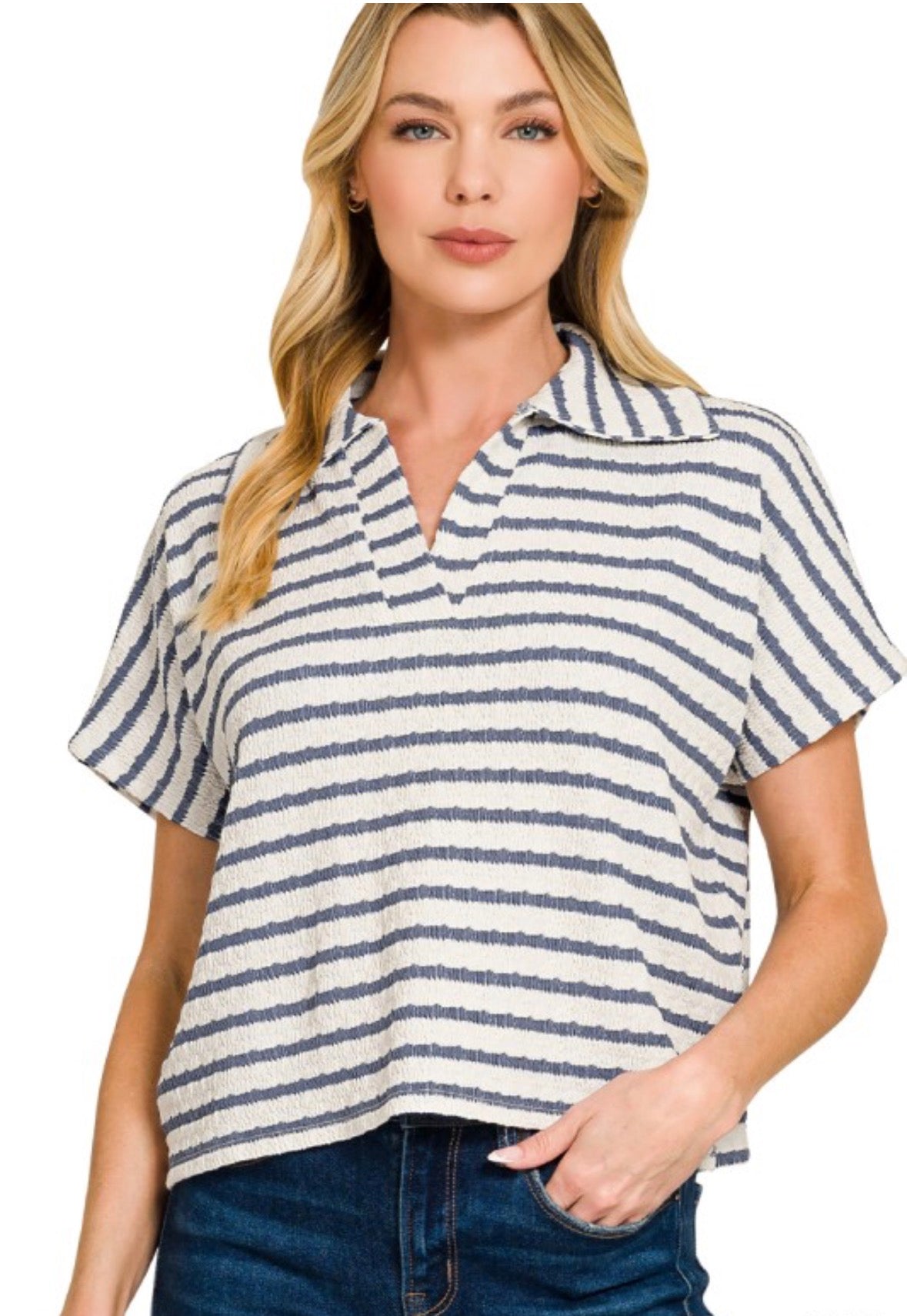 Striped Split Neck Collared Top
