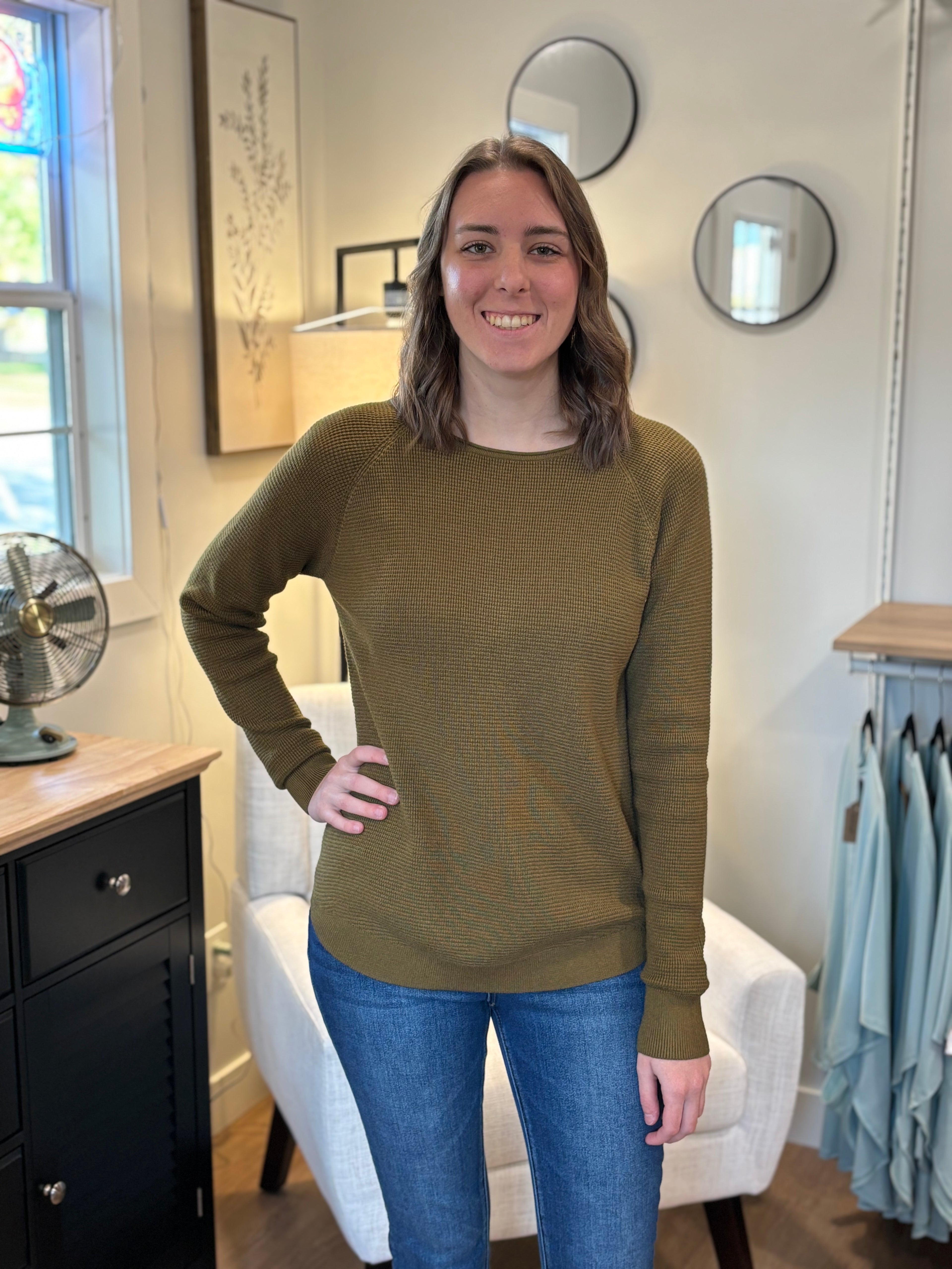 Raglan Long Sleeve Waffle Knit Sweater