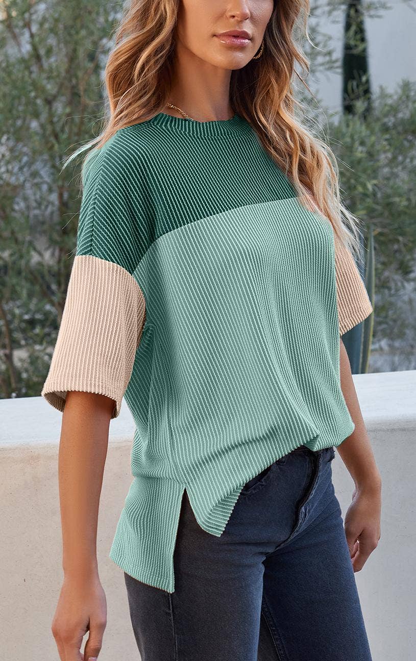 Color Block Ribbed Half Sleeve Top
