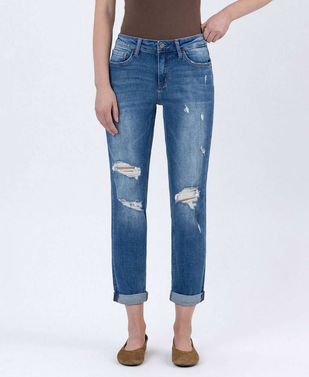 High Rise Distressed Cuffed Boyfriend Jean