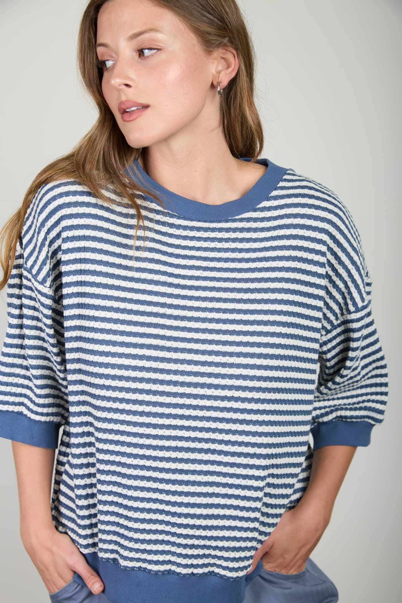 TEXTURED STRIPE DROP SHOULDER KNIT TOP