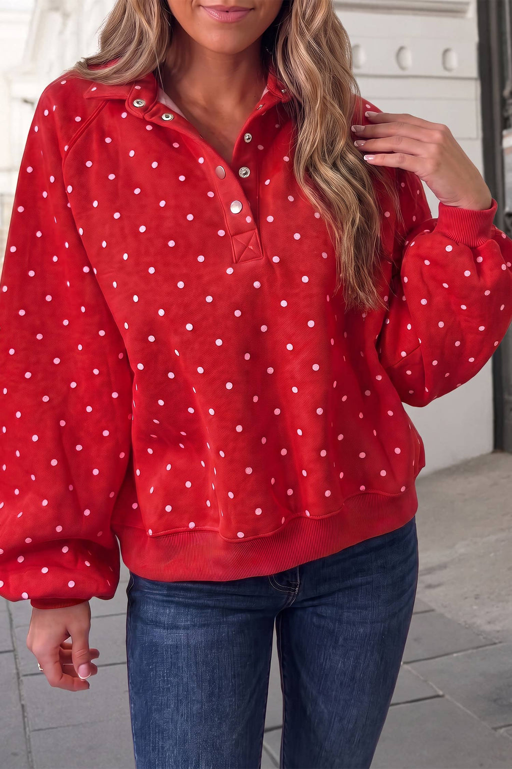 Polka Dot Print Button Collar Mockneck Sweatshirt | S-XL