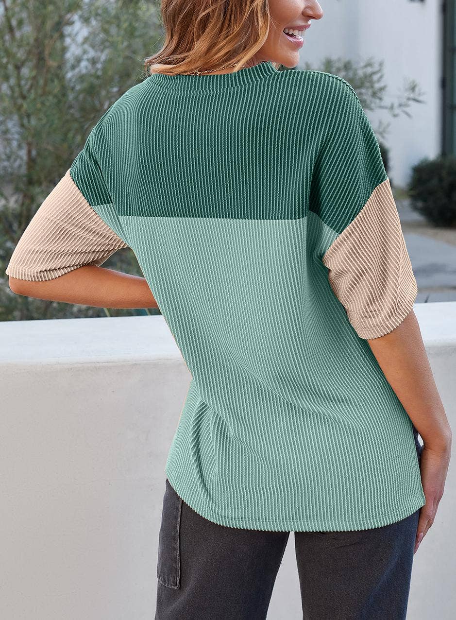 Color Block Ribbed Half Sleeve Top