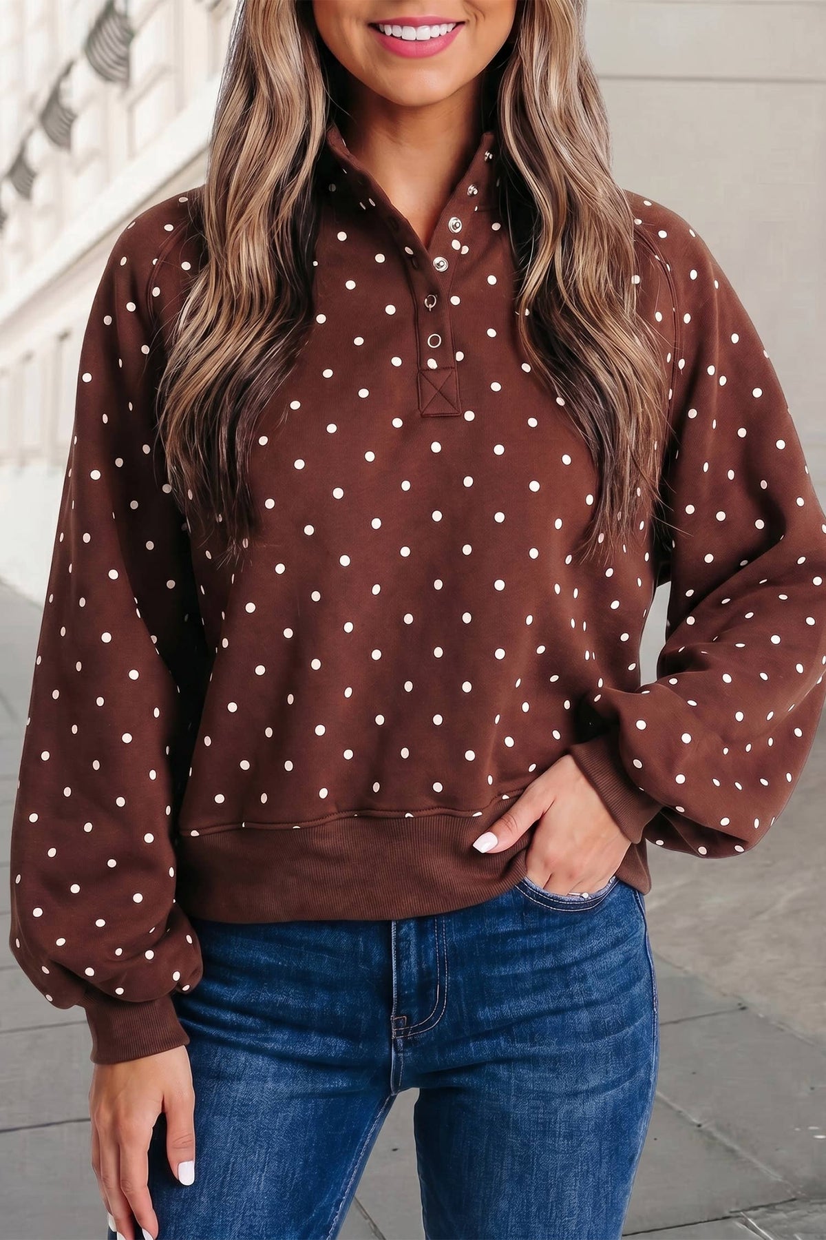 Polka Dot Print Button Collar Mockneck Sweatshirt | S-XL