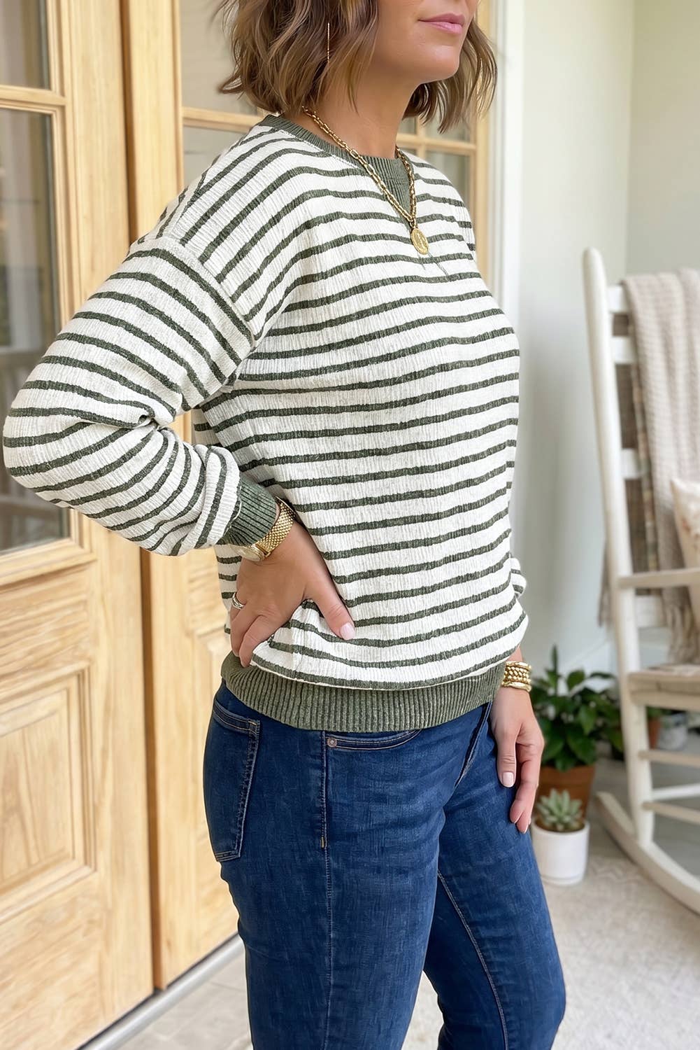 66 Striped Patchwork Long Sleeve Pullover Blouse (S-XL)