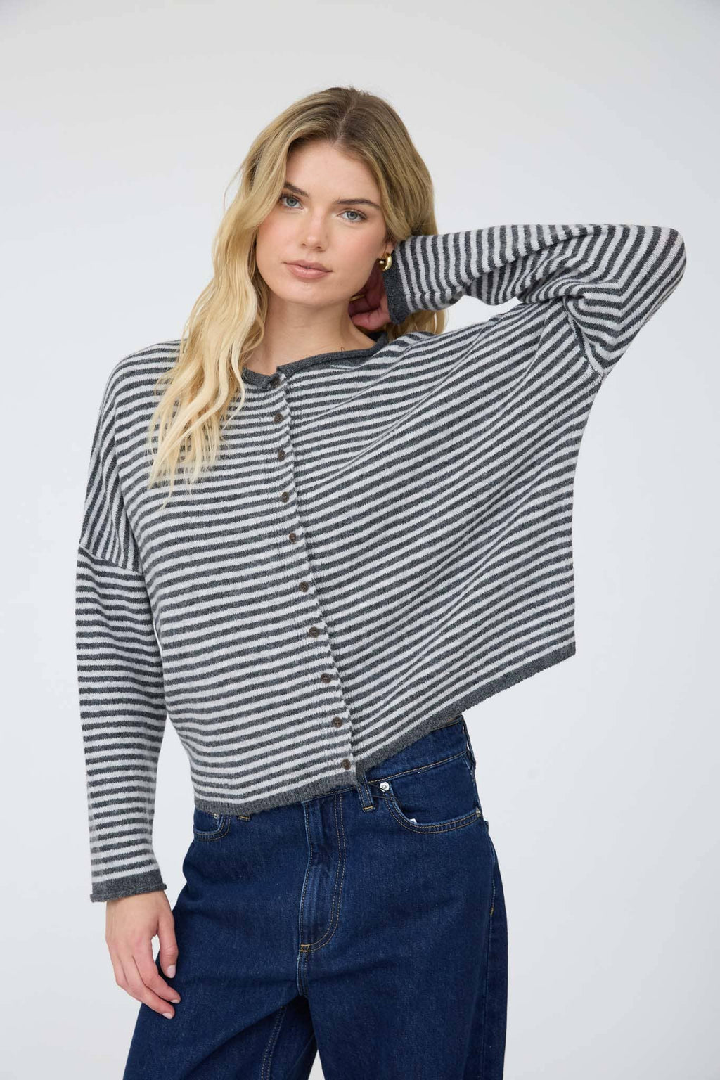 STRIPE RAW EDGE DROP SHOULDER KNIT CARDIGAN