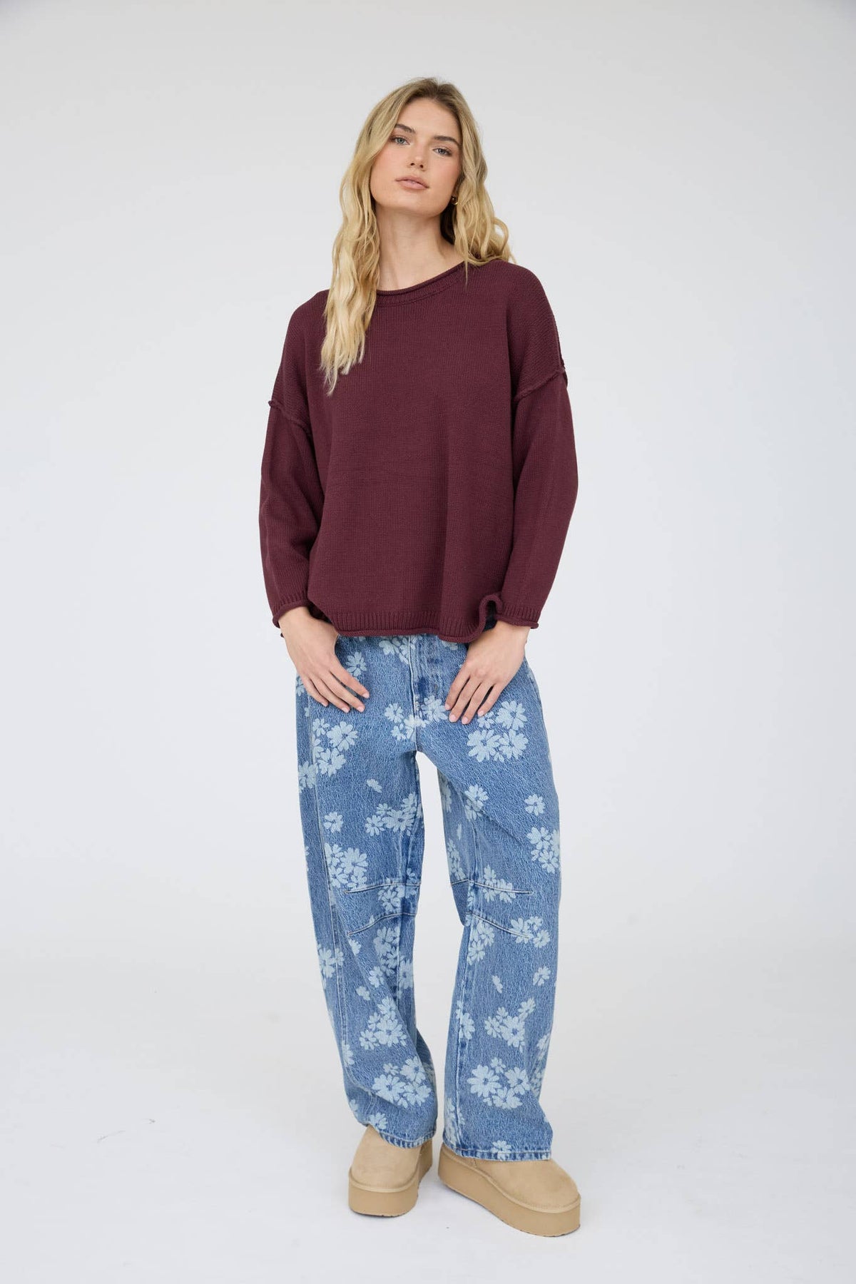 RAW EDGE EXTENDED SHOULDER LONG SLEEVE SWEATER