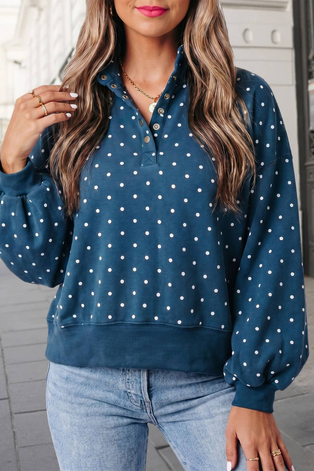 Polka Dot Print Button Collar Mockneck Sweatshirt | S-XL