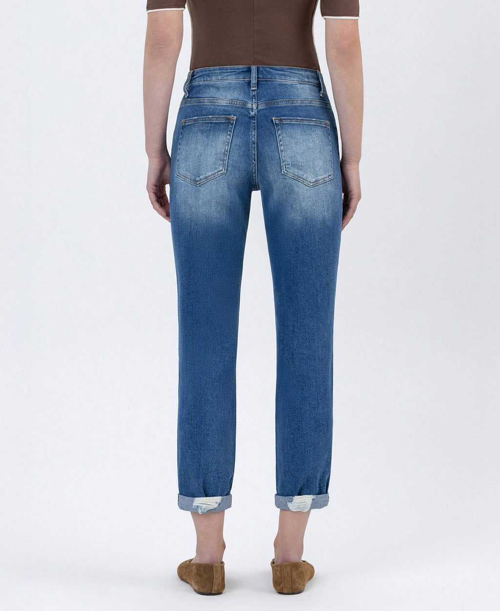 High Rise Distressed Cuffed Boyfriend Jean