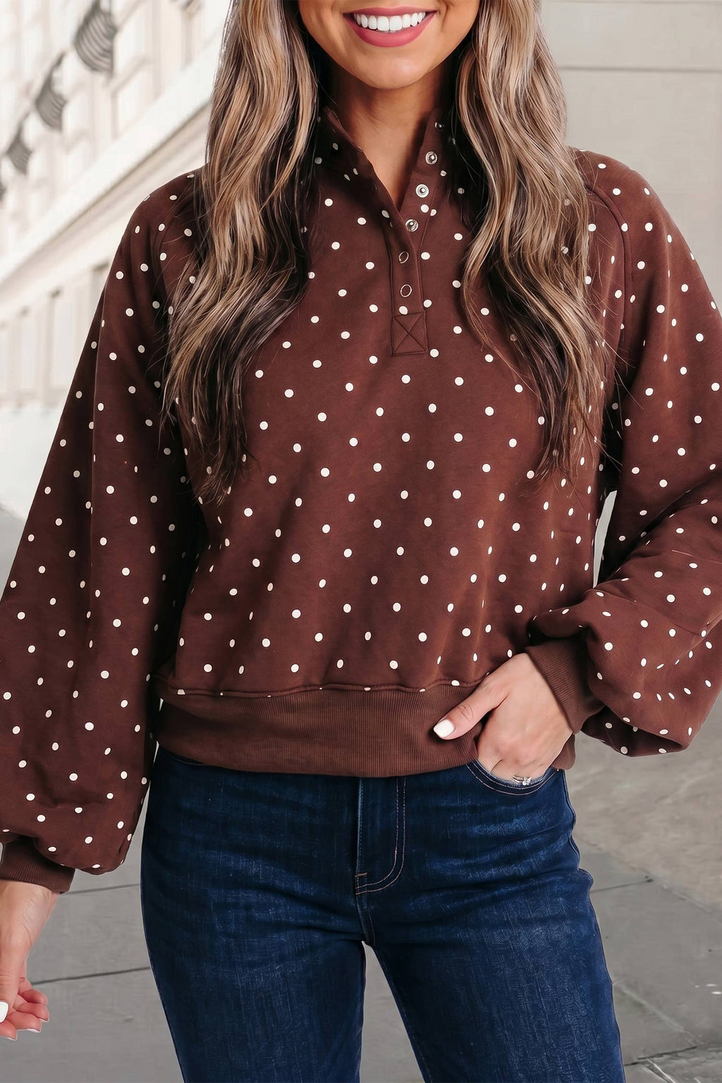 Polka Dot Print Button Collar Mockneck Sweatshirt | S-XL