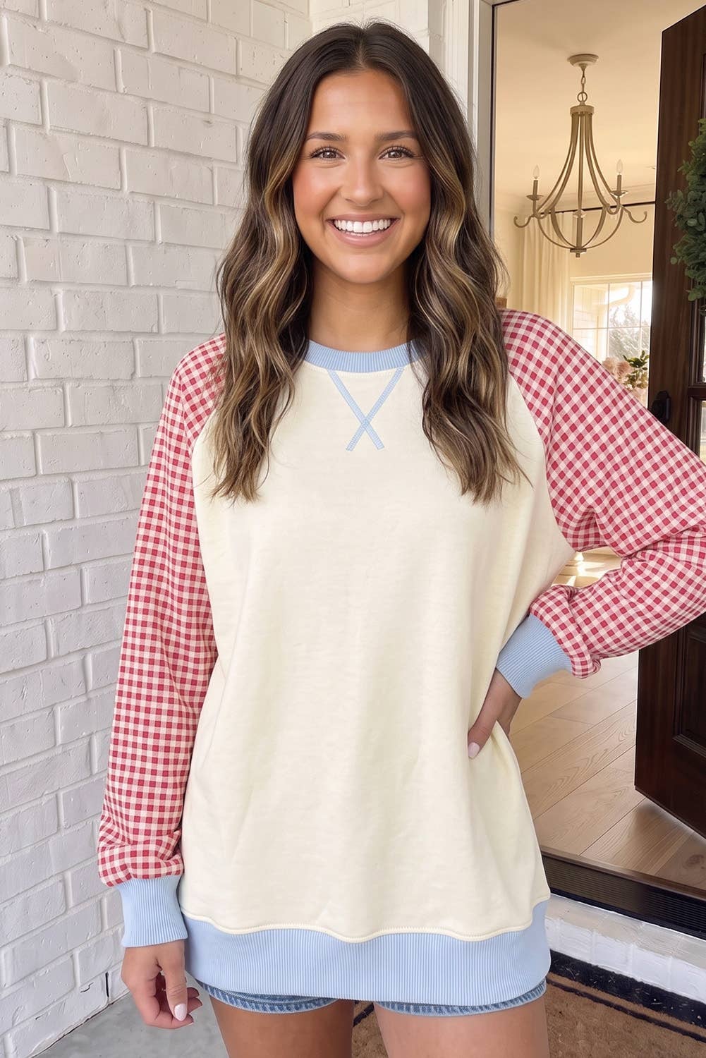 LAS Plaid Colorblock Raglan Casual Shift Sweatshirt (S-XL)