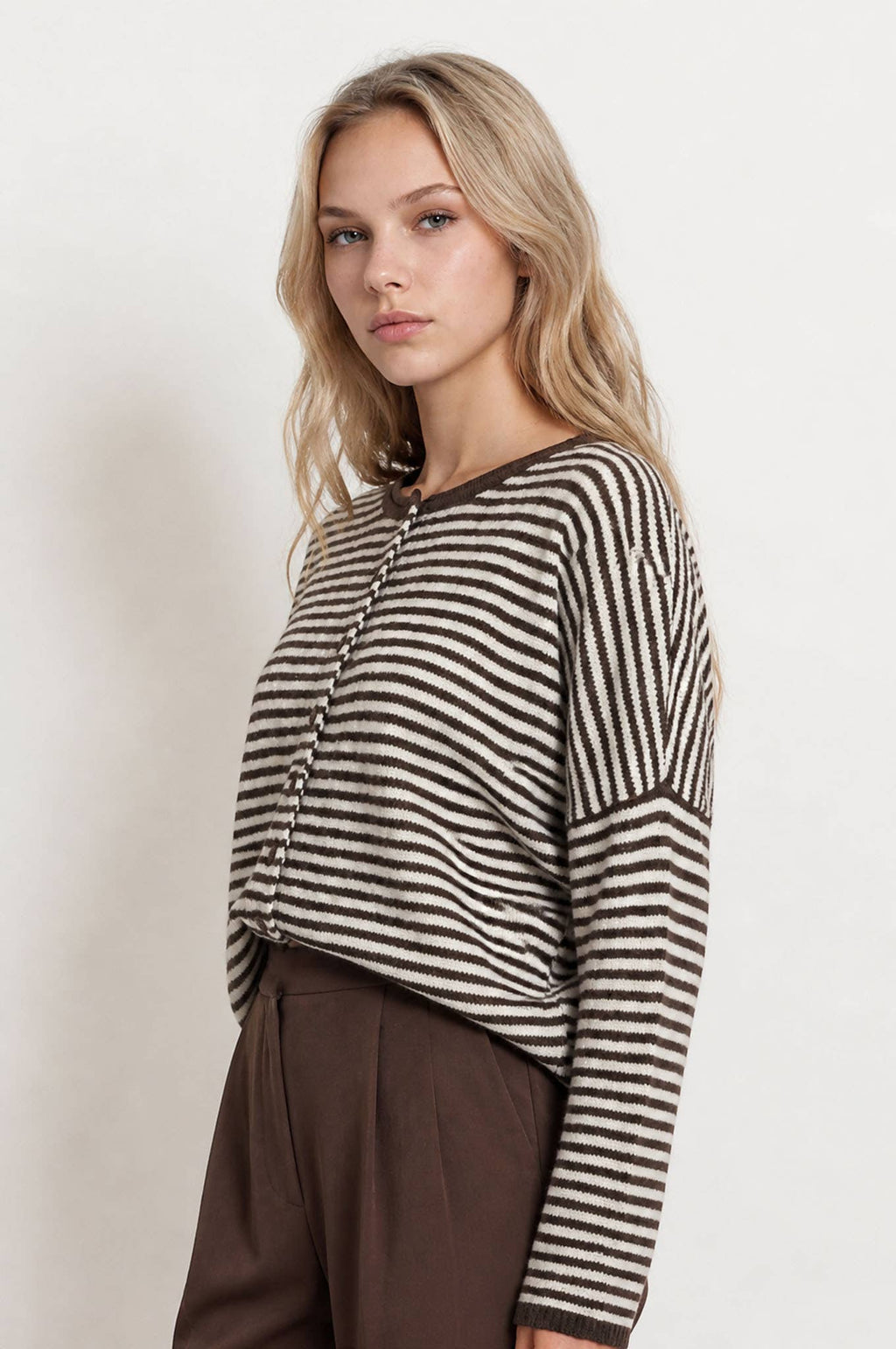 STRIPE RAW EDGE DROP SHOULDER KNIT CARDIGAN