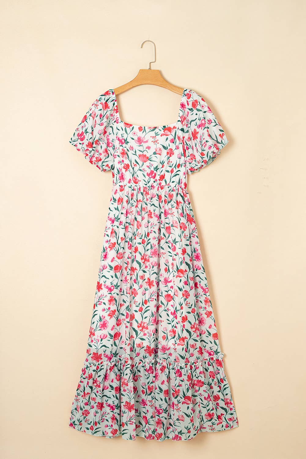 Floral Puff Sleeve Square Neck Empire Waist Tiered Maxi Dres