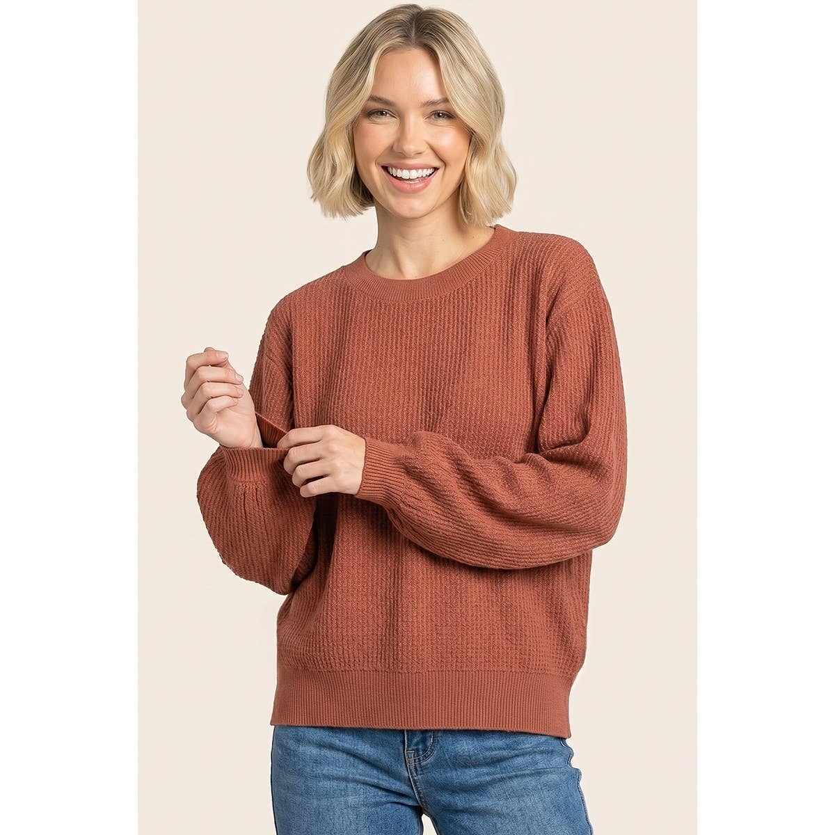 VERTICALLY TEXTURED BALLOON SLEEVE SWEATER