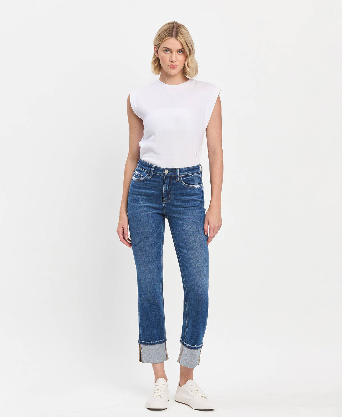 HIGH RISE CUFFED SLIM STRAIGHT JEANS T6590