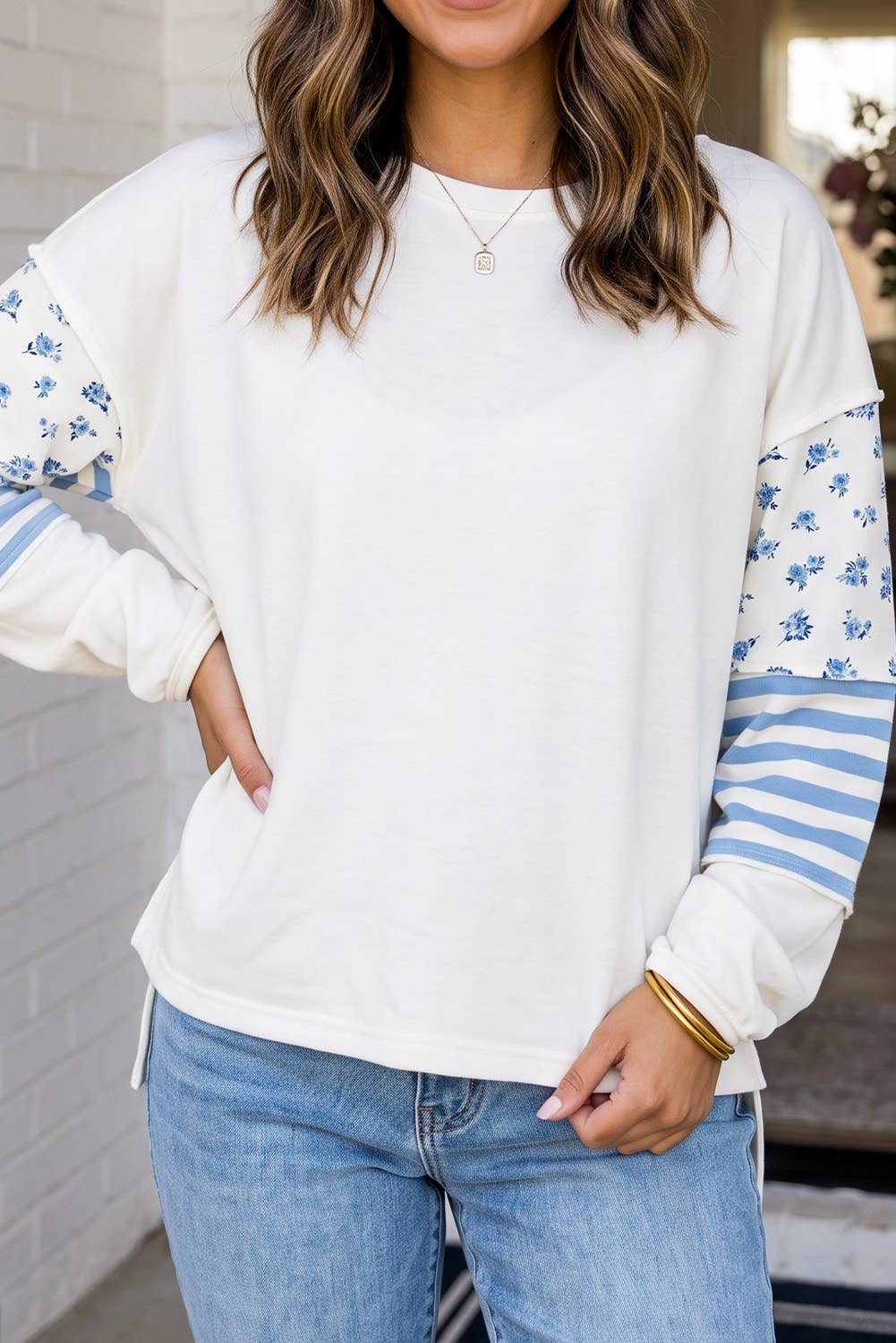 Floral Striped Patchwork long sleeve Top