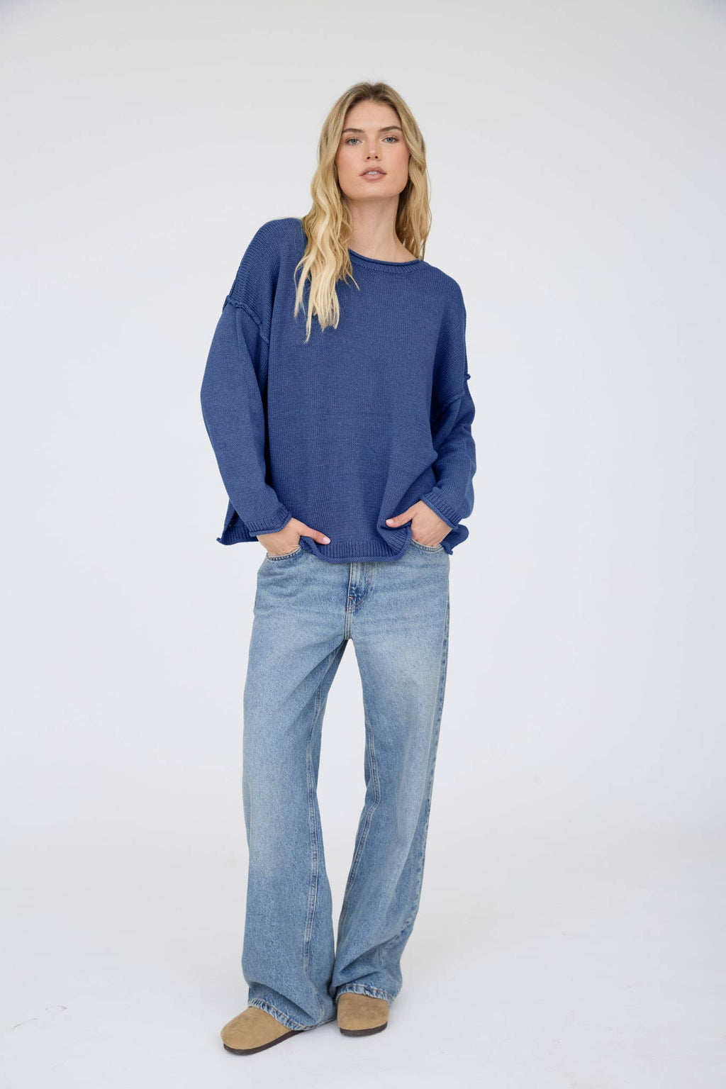 RAW EDGE EXTENDED SHOULDER LONG SLEEVE SWEATER