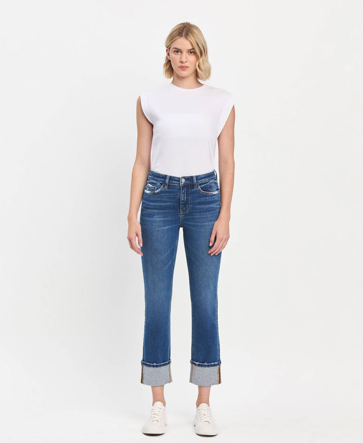 HIGH RISE CUFFED SLIM STRAIGHT JEANS T6590
