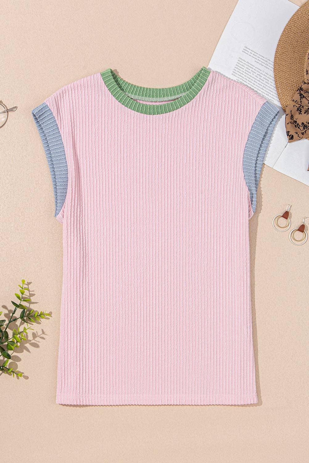 Colorblock Corded Knit Crew Neck Tee