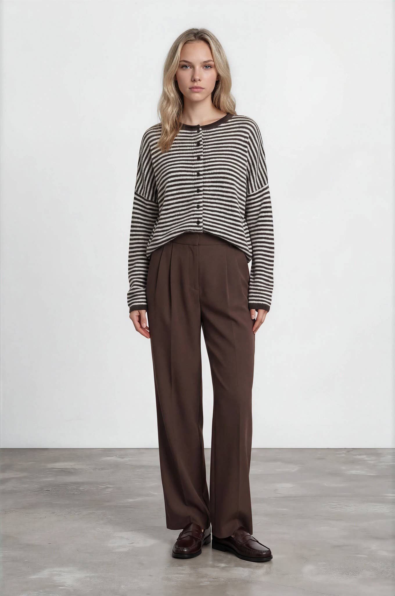 STRIPE RAW EDGE DROP SHOULDER KNIT CARDIGAN