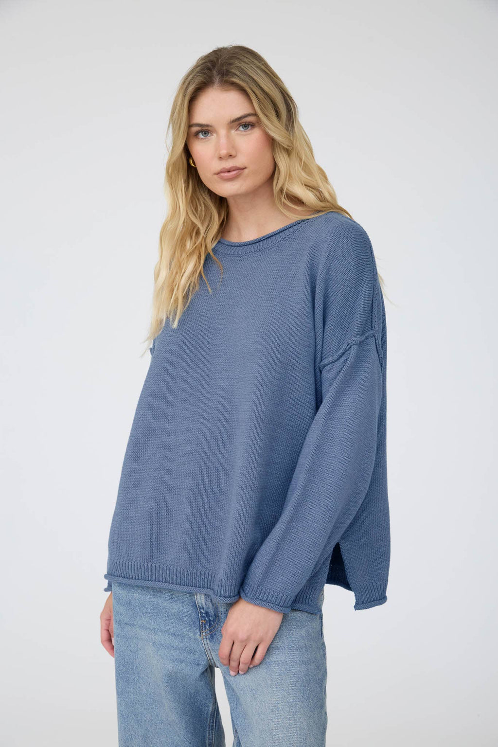 RAW EDGE EXTENDED SHOULDER LONG SLEEVE SWEATER