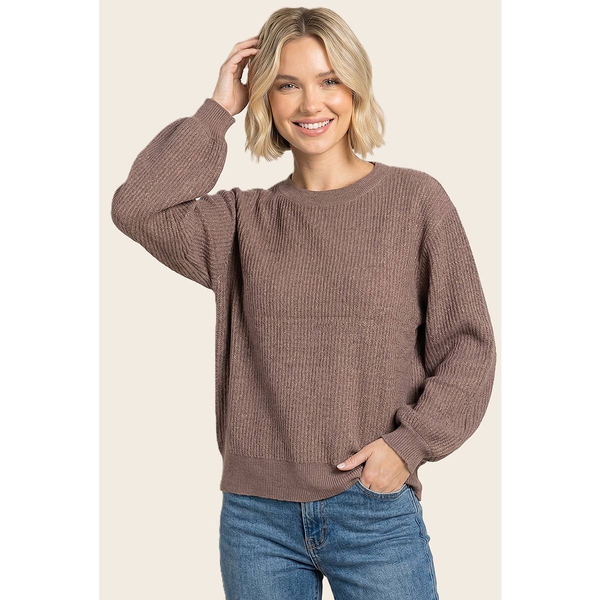 VERTICALLY TEXTURED BALLOON SLEEVE SWEATER